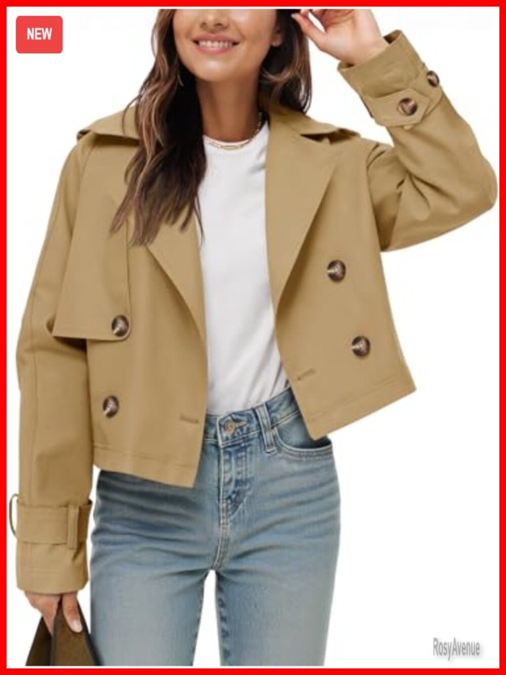 Womens Cropped Trench Coat Double Breasted Lapel Loose Fit Jacket
